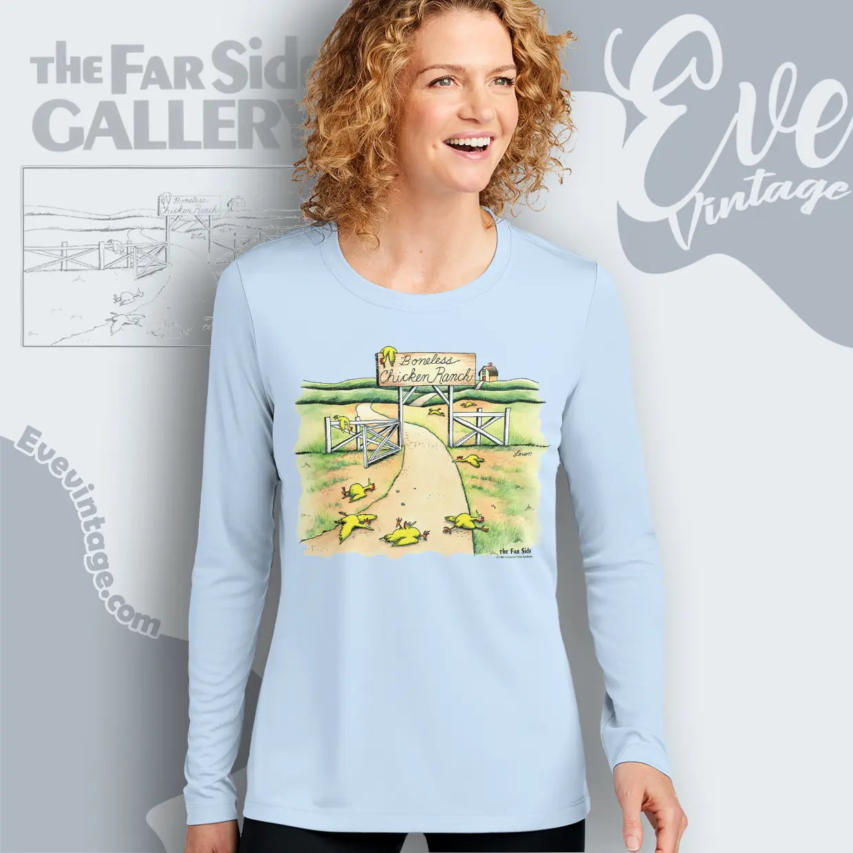1984 The Far Side Shirt Boneless Chicken Ranch Long Sleeve Tee 1984 The Far Side Shirt Boneless Chicken Ranch Long Sleeve Tee