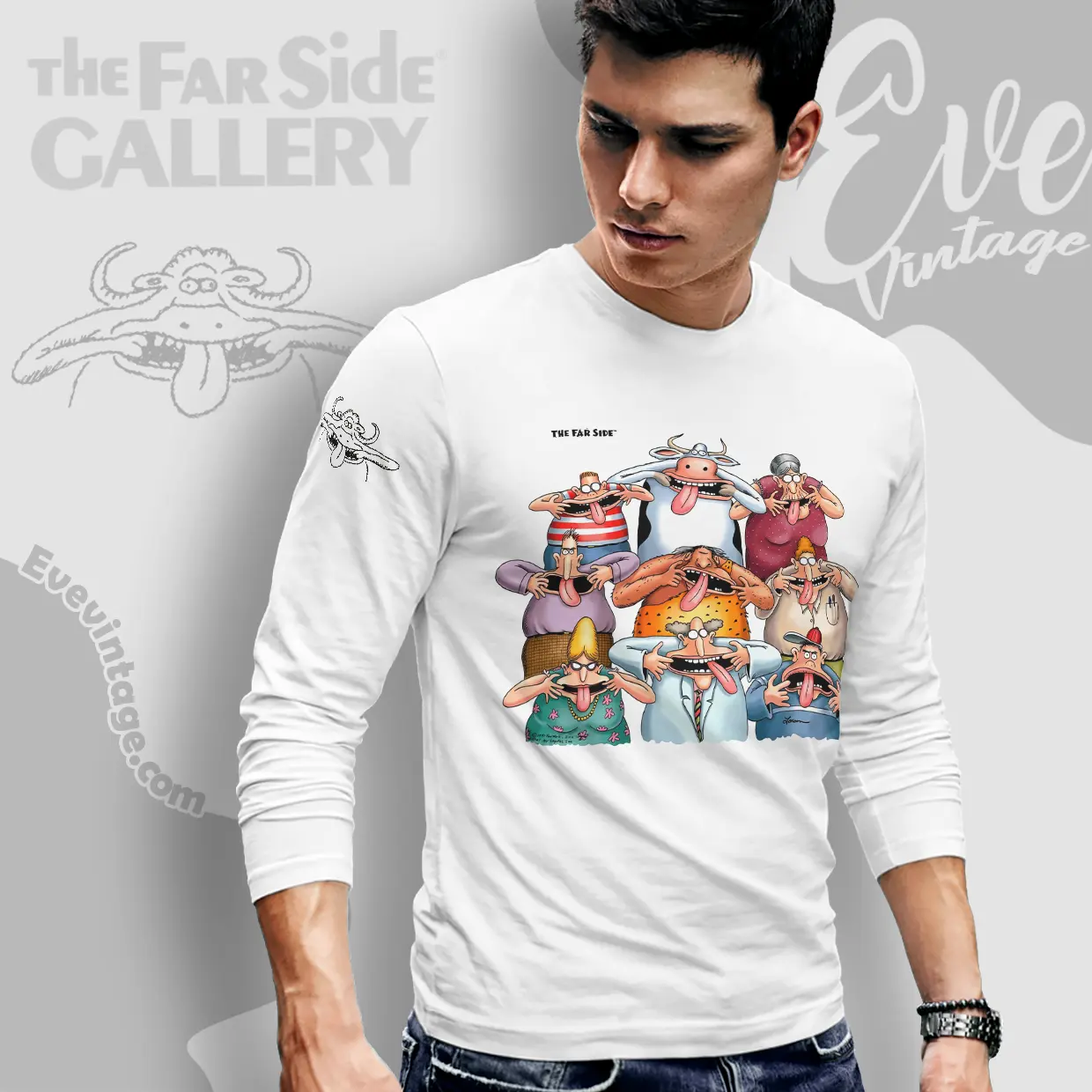 1991 The Far Side Smiling Character Family Portrait Long Sleeve Tee 1991 The Far Side Smiling Character Family Portrait Long Sleeve Tee