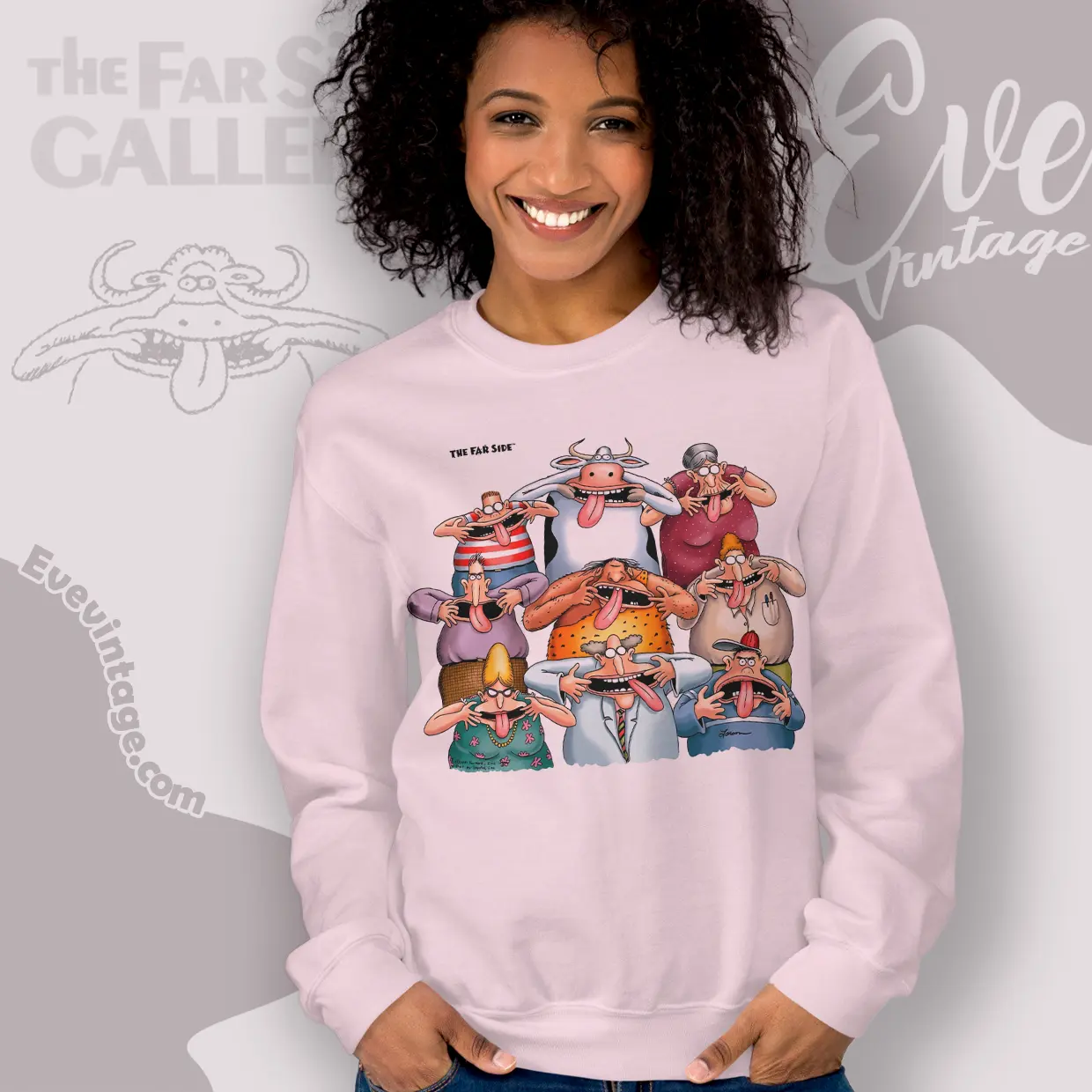 1991 The Far Side Smiling Character Family Portrait Sweatshirt 1991 The Far Side Smiling Character Family Portrait Sweatshirt