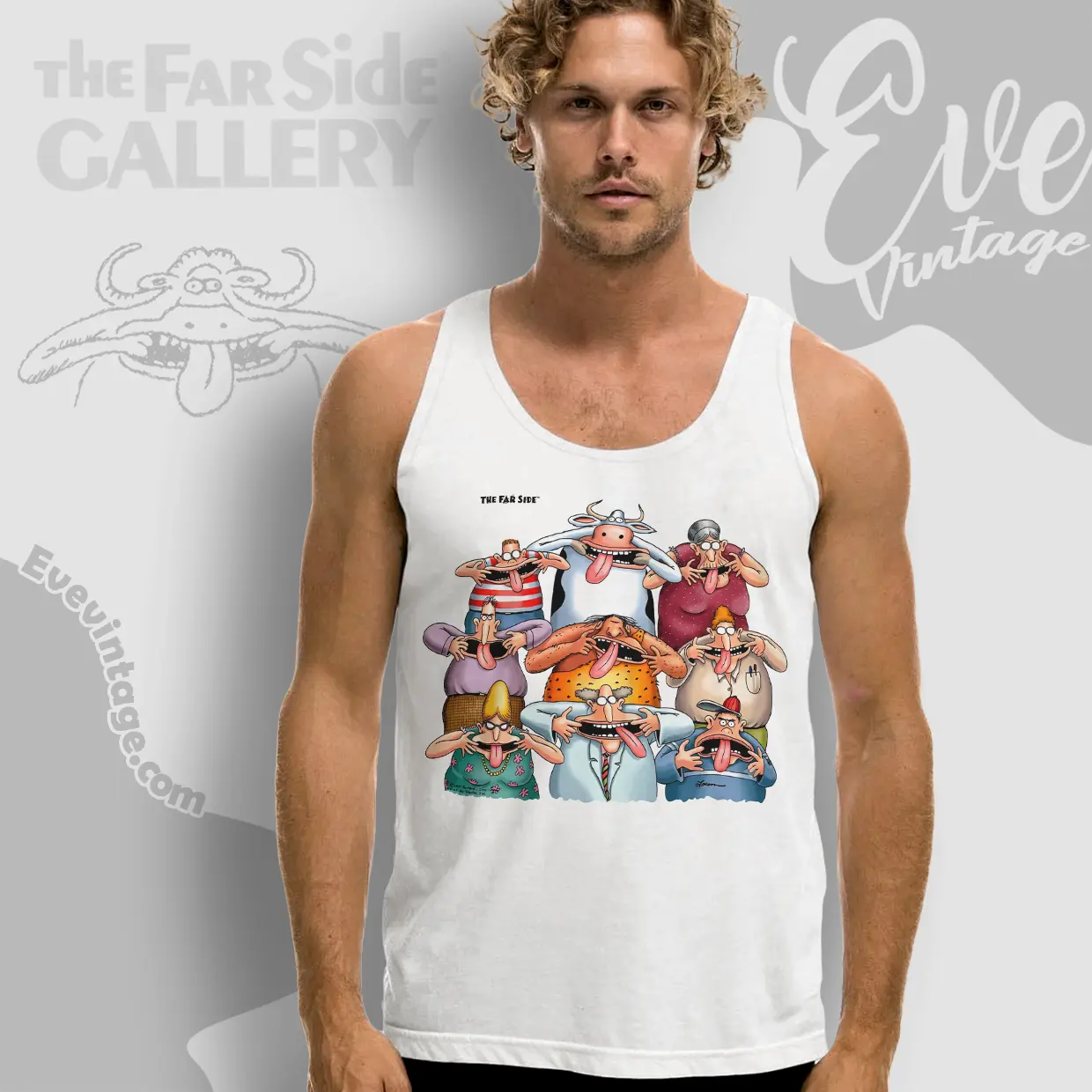 1991 The Far Side Smiling Character Family Portrait Tank Top Racerback 1991 The Far Side Smiling Character Family Portrait Tank Top Racerback