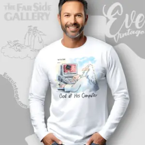 1991 the far side shirt god at his computer long sleeve tee