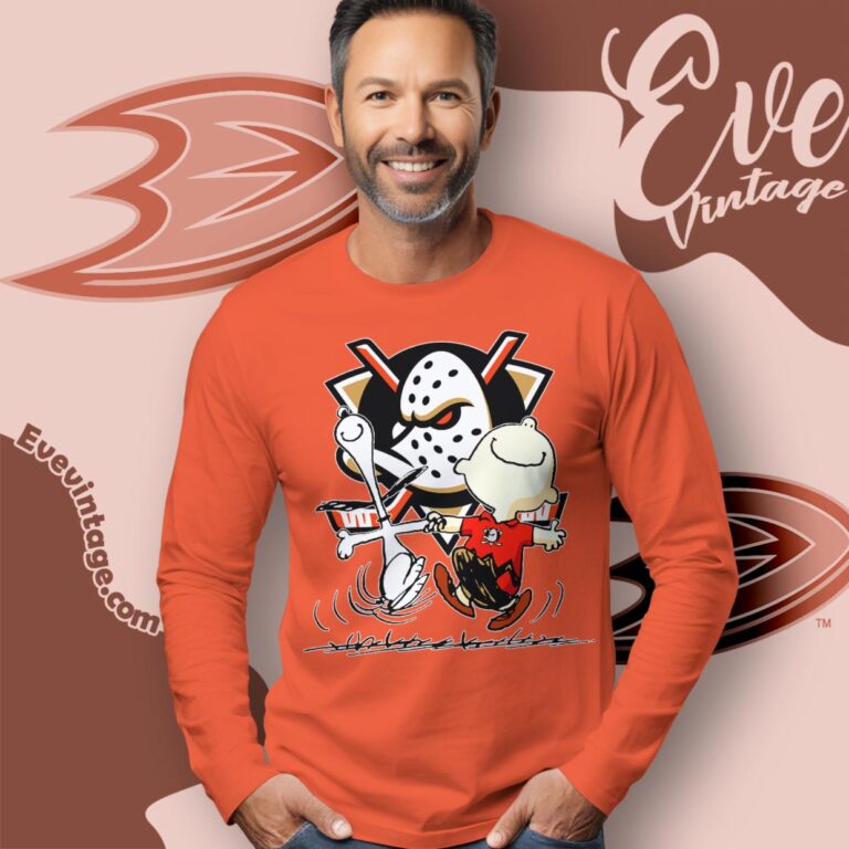 Anaheim Ducks Charlie Brown Snoopy Happy Dancing Shirt Long Sleeve Tee Anaheim Ducks Charlie Brown Snoopy Happy Dancing Shirt Long Sleeve Tee