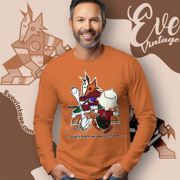 Arizona Coyotes Charlie Brown Snoopy Happy Dancing Shirt Long Sleeve Tee Arizona Coyotes Charlie Brown Snoopy Happy Dancing Shirt Long Sleeve Tee