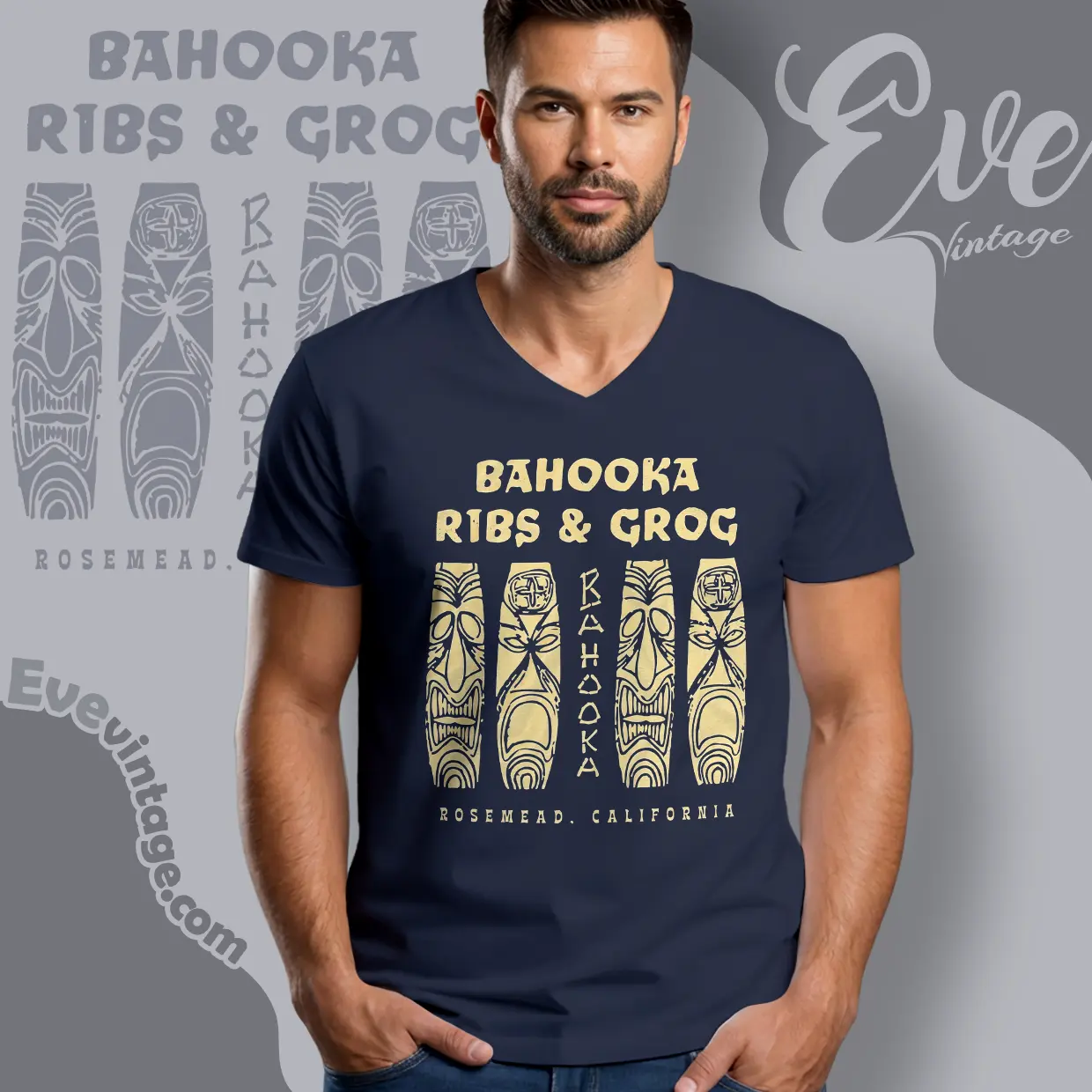 Bahooka Ribs Grog Shirt Rosemead Ca Tiki Bar V Neck TShirt Bahooka Ribs Grog Shirt Rosemead Ca Tiki Bar V Neck TShirt