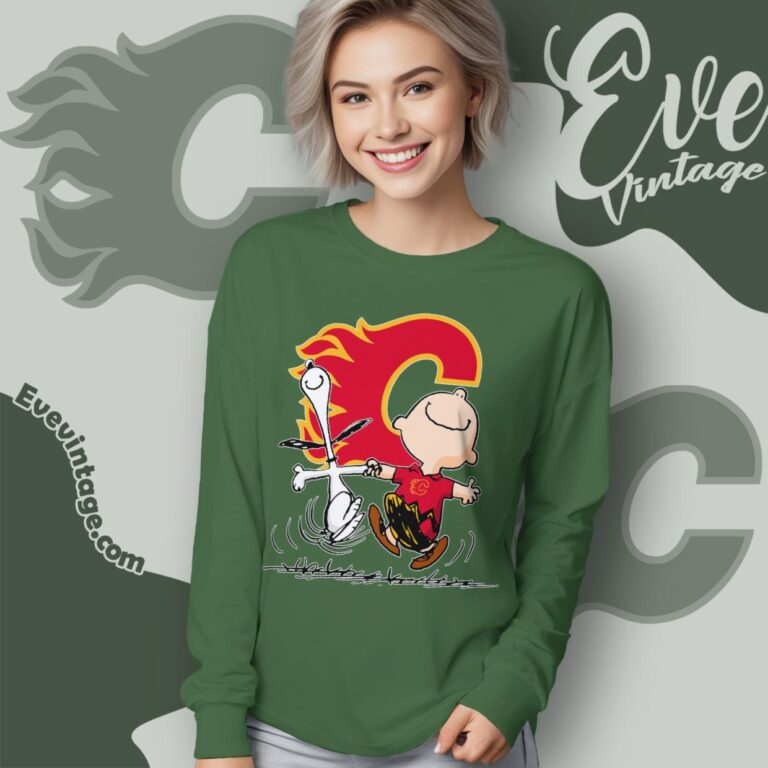 Calgary Flames Charlie Brown Snoopy Happy Dancing Shirt Long Sleeve Tee Calgary Flames Charlie Brown Snoopy Happy Dancing Shirt Long Sleeve Tee
