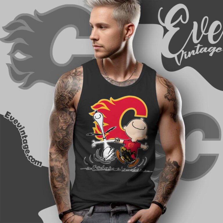 Calgary Flames Charlie Brown Snoopy Happy Dancing Shirt Tank Top Racerback Calgary Flames Charlie Brown Snoopy Happy Dancing Shirt Tank Top Racerback