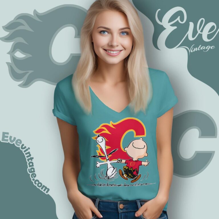 Calgary Flames Charlie Brown Snoopy Happy Dancing Shirt V Neck TShirt Calgary Flames Charlie Brown Snoopy Happy Dancing Shirt V Neck TShirt