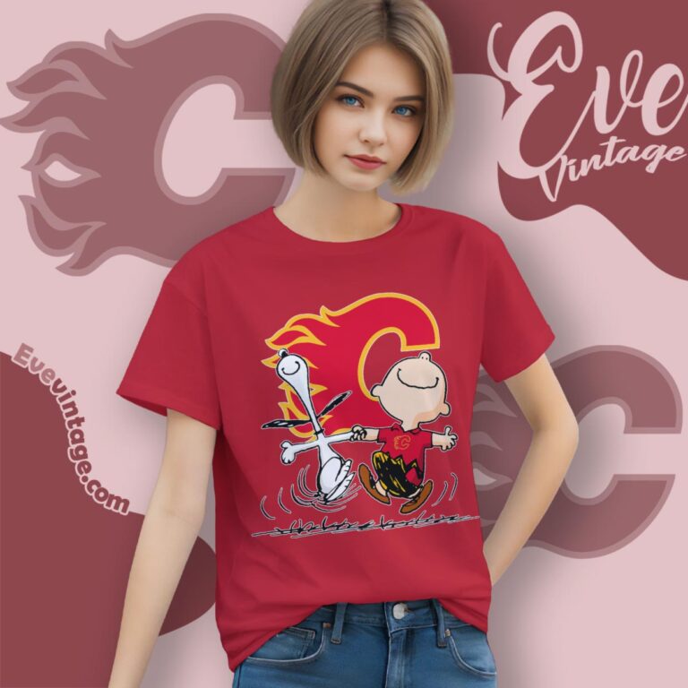 Calgary Flames Charlie Brown Snoopy Happy Dancing Shirt Women T Shirt Calgary Flames Charlie Brown Snoopy Happy Dancing Shirt Women T Shirt
