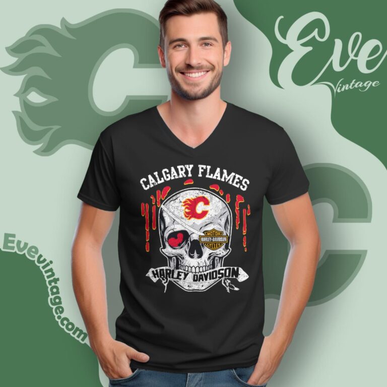 Calgary Flames Harley Davidson Skull Shirt V Neck TShirt Calgary Flames Harley Davidson Skull Shirt V Neck TShirt