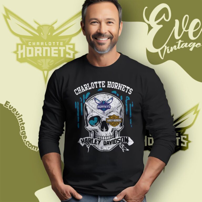 Charlotte Hornets Harley Davidson Skull Long Sleeve Tee Charlotte Hornets Harley Davidson Skull Long Sleeve Tee