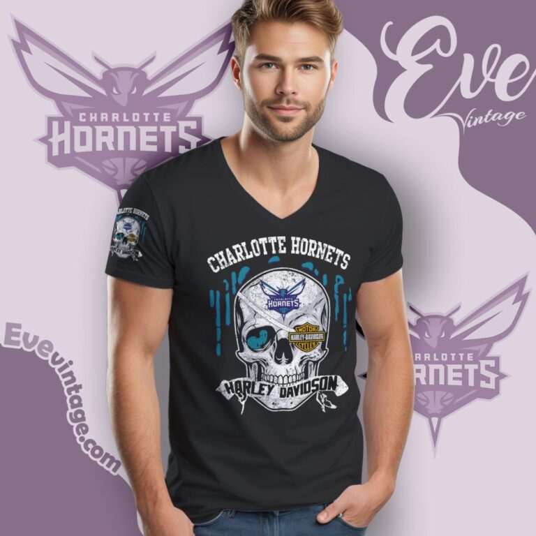 Charlotte Hornets Harley Davidson Skull V Neck TShirt Charlotte Hornets Harley Davidson Skull V Neck TShirt