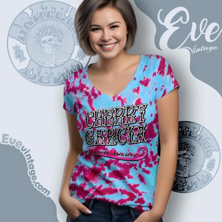 Cherry Garcia Pleasure Awaits Ben Jerry Vermont Finest Tie dye V Neck TShirt Cherry Garcia Pleasure Awaits Ben Jerry Vermont Finest Tie dye V Neck TShirt