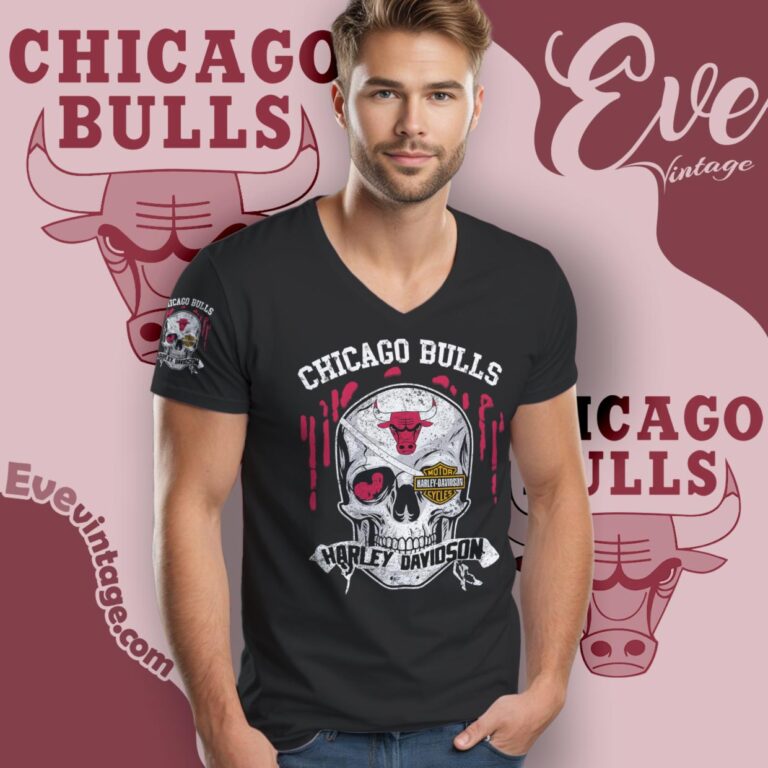 Chicago Bulls Harley Davidson Skull V Neck TShirt Chicago Bulls Harley Davidson Skull V Neck TShirt