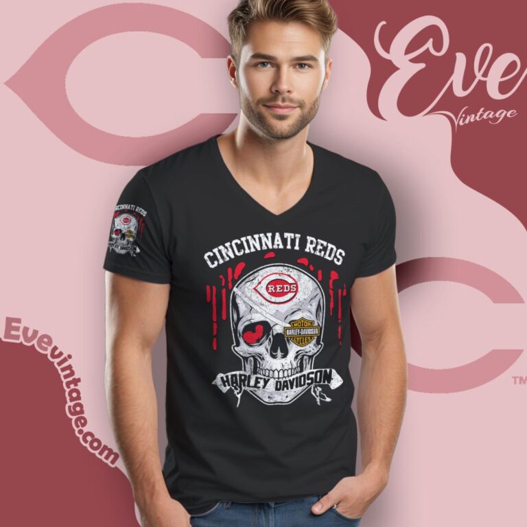 Cincinnati Reds Harley Davidson Skull Shirt V Neck TShirt Cincinnati Reds Harley Davidson Skull Shirt V Neck TShirt
