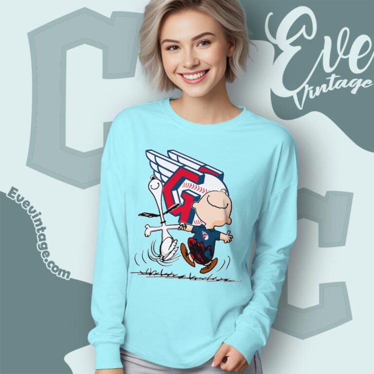 Cleveland Guardians Charlie Brown Snoopy Happy Dancing Shirt Long Sleeve Tee Cleveland Guardians Charlie Brown Snoopy Happy Dancing Shirt Long Sleeve Tee