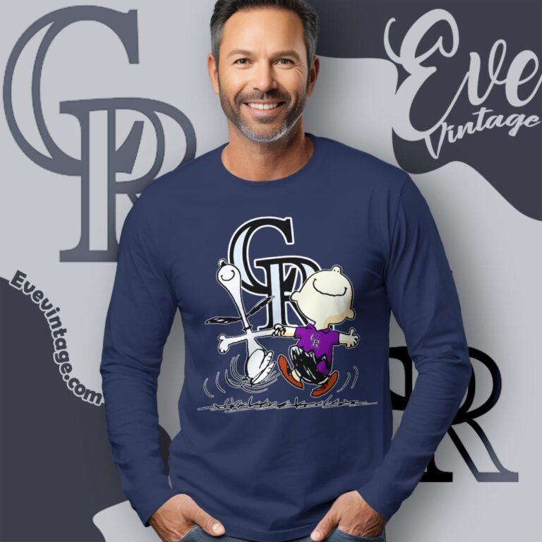Colorado Rockies Charlie Brown Snoopy Happy Dancing Shirt Long Sleeve Tee Colorado Rockies Charlie Brown Snoopy Happy Dancing Shirt Long Sleeve Tee