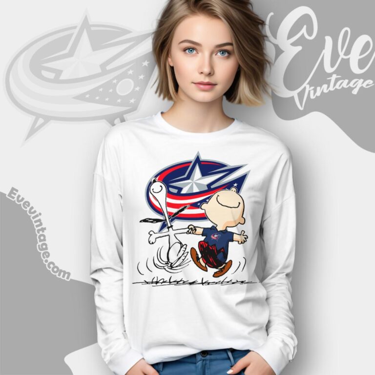 Columbus Blue Jackets Charlie Brown Snoopy Happy Dancing Shirt Long Sleeve Tee Columbus Blue Jackets Charlie Brown Snoopy Happy Dancing Shirt Long Sleeve Tee