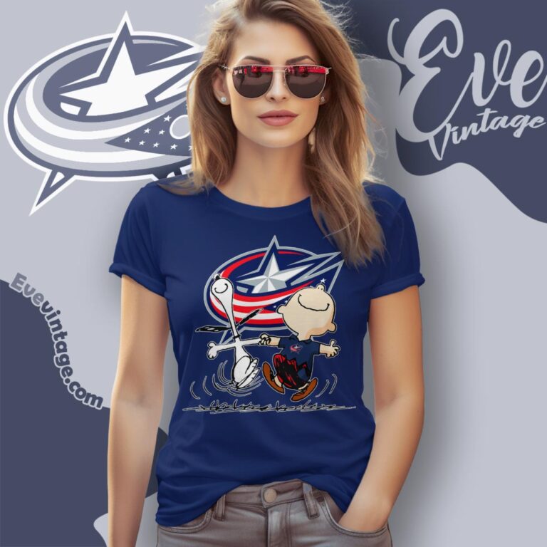 Columbus Blue Jackets Charlie Brown Snoopy Happy Dancing Shirt Women T Shirt Columbus Blue Jackets Charlie Brown Snoopy Happy Dancing Shirt Women T Shirt