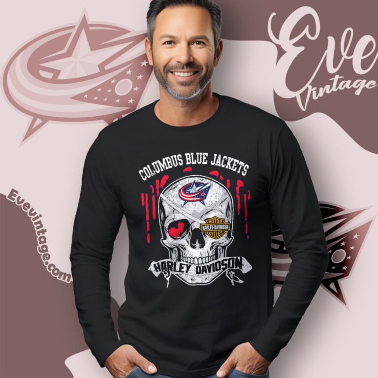 Columbus Blue Jackets Harley Davidson Skull Shirt Long Sleeve Tee Columbus Blue Jackets Harley Davidson Skull Shirt Long Sleeve Tee