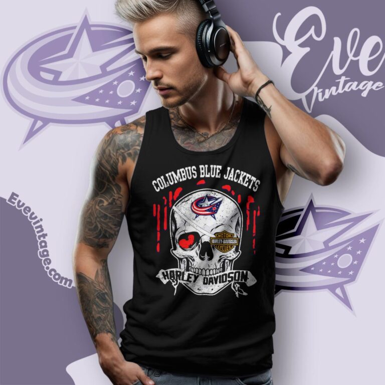 Columbus Blue Jackets Harley Davidson Skull Shirt Tank Top Racerback Columbus Blue Jackets Harley Davidson Skull Shirt Tank Top Racerback