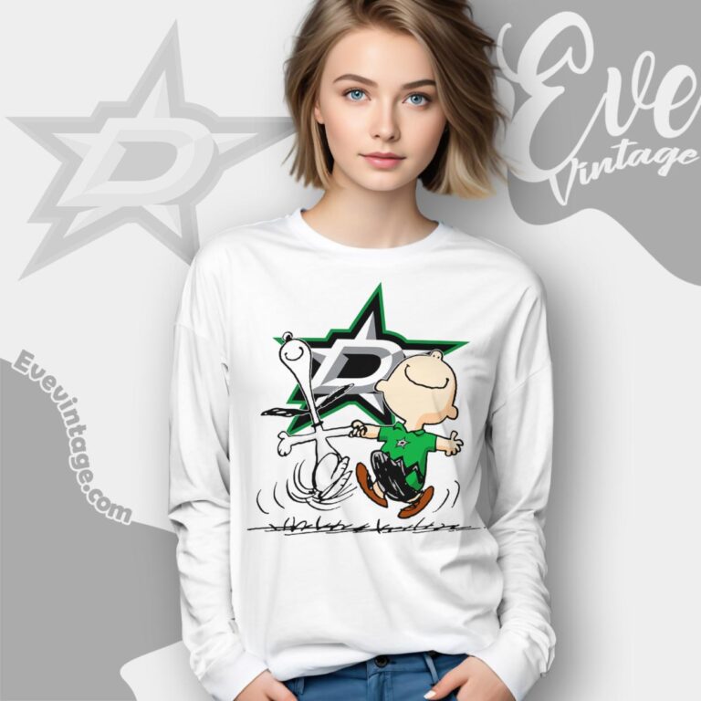 Dallas Stars Charlie Brown Snoopy Happy Dancing Shirt Long Sleeve Tee Dallas Stars Charlie Brown Snoopy Happy Dancing Shirt Long Sleeve Tee