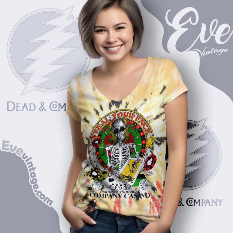 Dead Co 2024 Company Casio Right Of Your Head Tie dye V Neck TShirt Dead Co 2024 Company Casio Right Of Your Head Tie dye V Neck TShirt