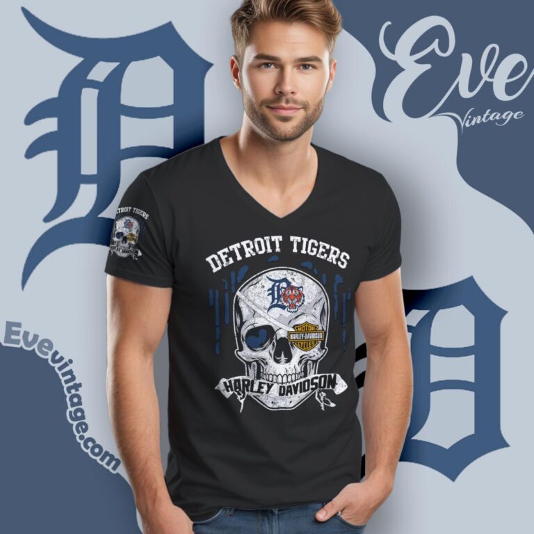Detroit Tigers Harley Davidson Skull Shirt V Neck TShirt Detroit Tigers Harley Davidson Skull Shirt V Neck TShirt