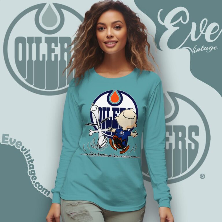 Edmonton Oilers Charlie Brown Snoopy Happy Dancing Shirt Long Sleeve Tee Edmonton Oilers Charlie Brown Snoopy Happy Dancing Shirt Long Sleeve Tee