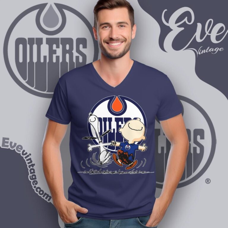 Edmonton Oilers Charlie Brown Snoopy Happy Dancing Shirt V Neck TShirt Edmonton Oilers Charlie Brown Snoopy Happy Dancing Shirt V Neck TShirt