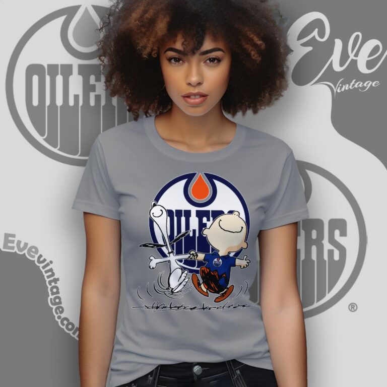 Edmonton Oilers Charlie Brown Snoopy Happy Dancing Shirt Women T Shirt Edmonton Oilers Charlie Brown Snoopy Happy Dancing Shirt Women T Shirt