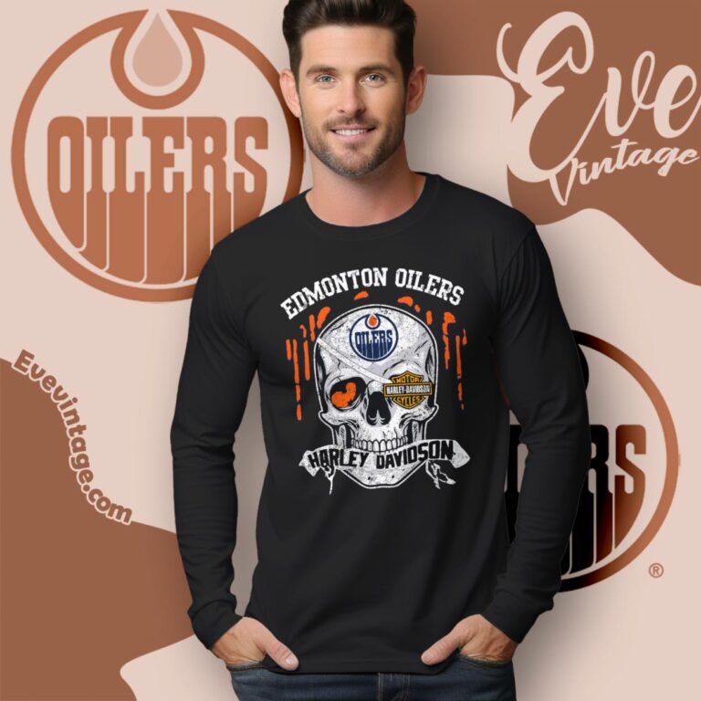 Edmonton Oilers Harley Davidson Skull Shirt Long Sleeve Tee Edmonton Oilers Harley Davidson Skull Shirt Long Sleeve Tee