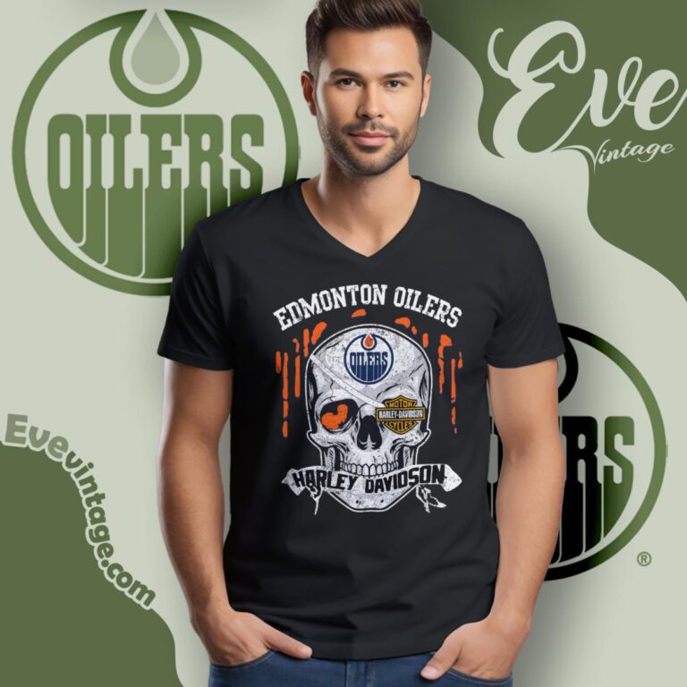 Edmonton Oilers Harley Davidson Skull Shirt V Neck TShirt Edmonton Oilers Harley Davidson Skull Shirt V Neck TShirt