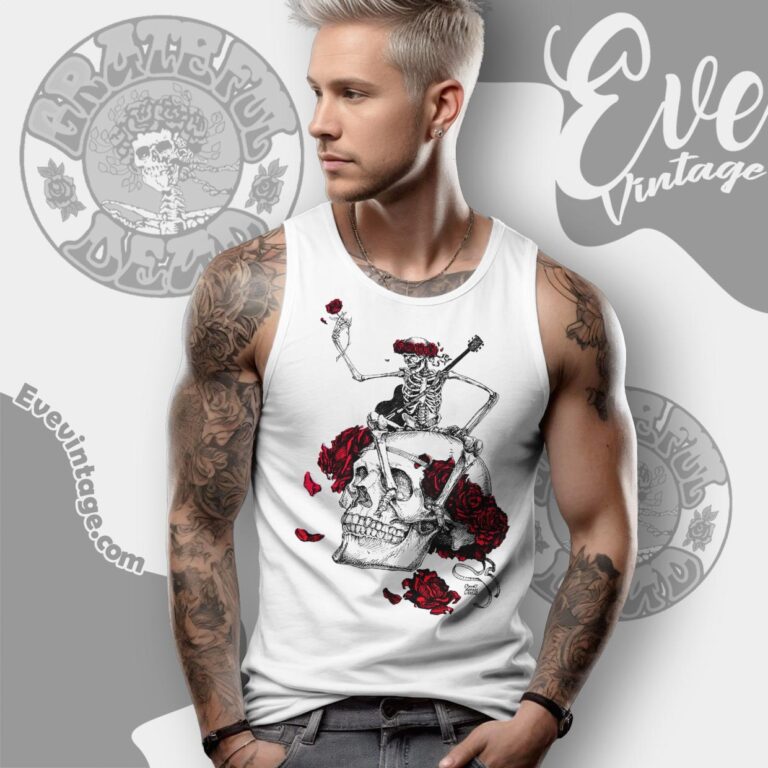 Grateful Dead 1985 Vincent Perez Skeleton Roses Shirt Tank Top Racerback Grateful Dead 1985 Vincent Perez Skeleton Roses Shirt Tank Top Racerback