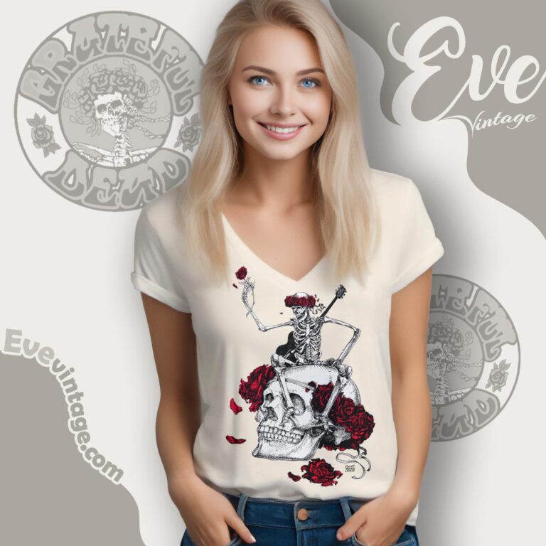 Grateful Dead 1985 Vincent Perez Skeleton Roses Shirt V Neck TShirt Grateful Dead 1985 Vincent Perez Skeleton Roses Shirt V Neck TShirt