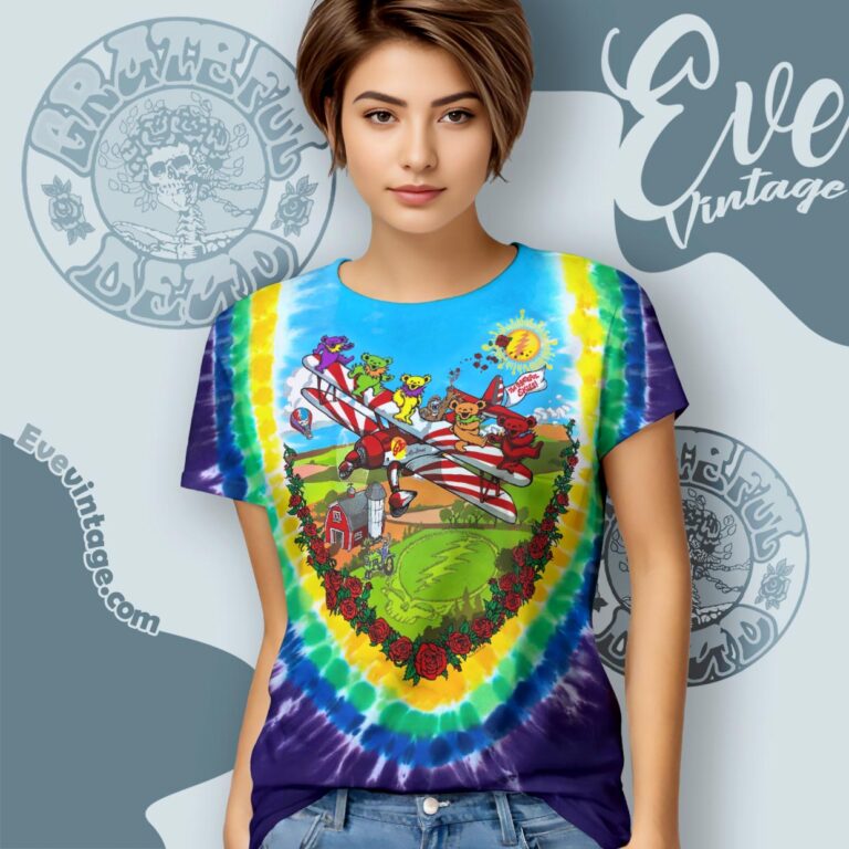 Grateful Dead Airlines Bi plane Bears Tie dye Women T shirt Grateful Dead Airlines Bi plane Bears Tie dye Women T shirt