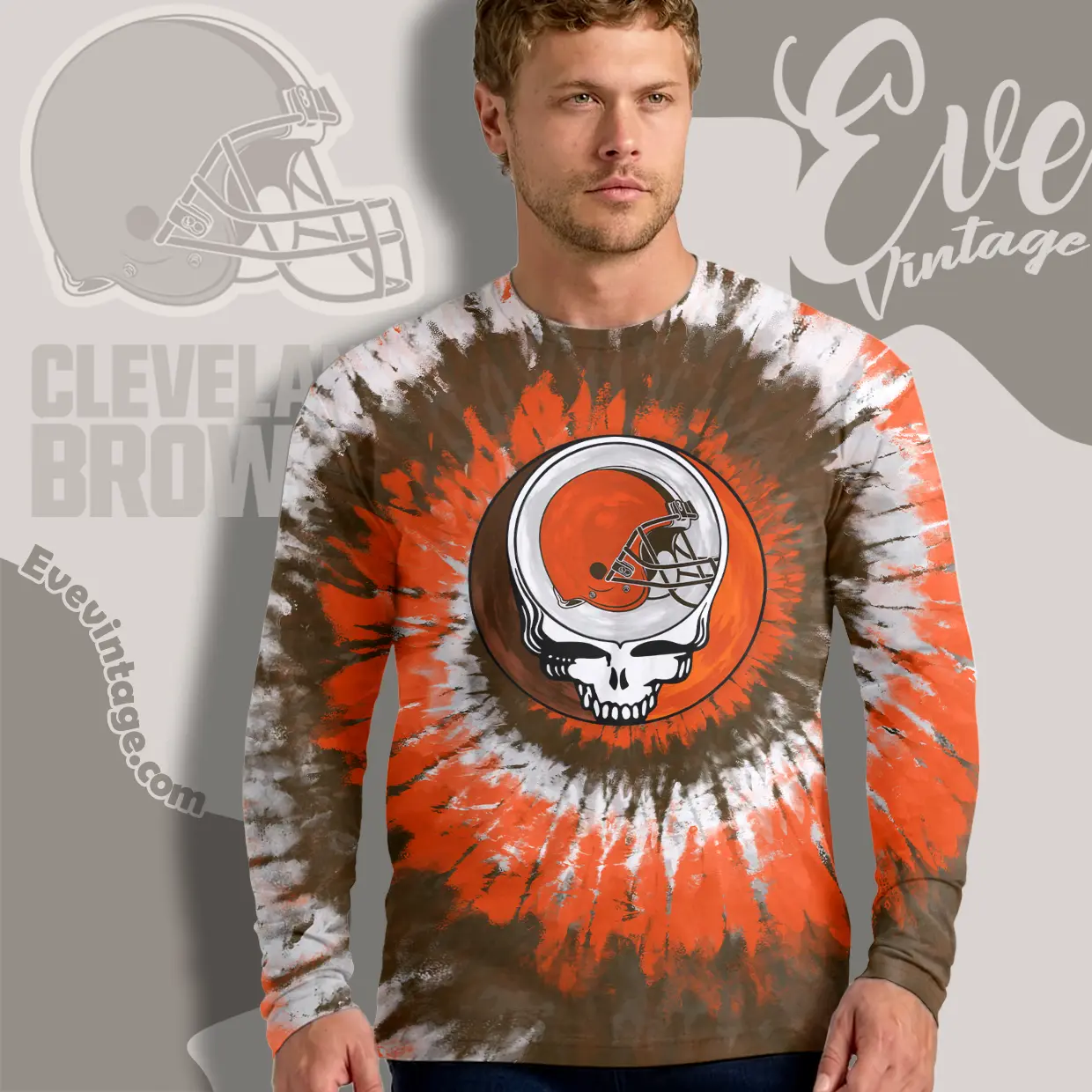 Grateful Dead Cleveland Browns Stealie Tie Dye Long Sleeve Tee Grateful Dead Cleveland Browns Stealie Tie Dye Long Sleeve Tee