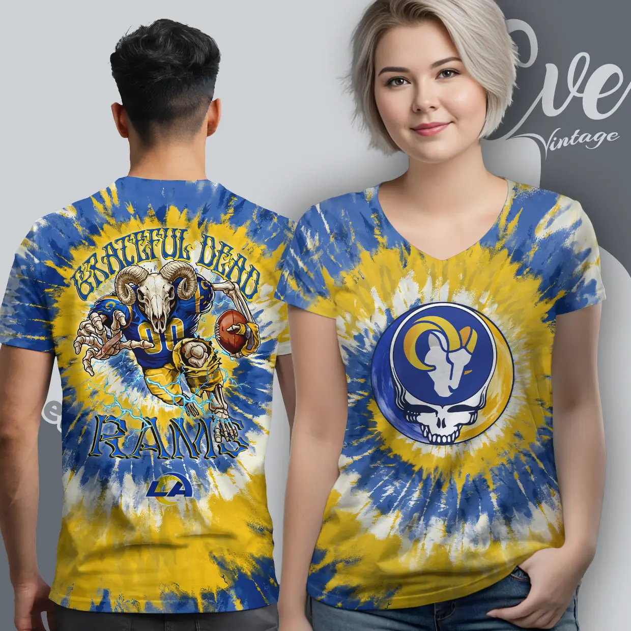 Grateful Dead Los Angeles Rams Stealie Tie Dye V Neck TShirt Grateful Dead Los Angeles Rams Stealie Tie Dye V Neck TShirt