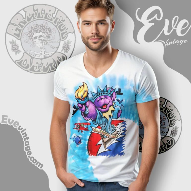 Grateful Dead Statue Of Liberty Bear 1998 Tie dye V Neck TShirt Grateful Dead Statue Of Liberty Bear 1998 Tie dye V Neck TShirt