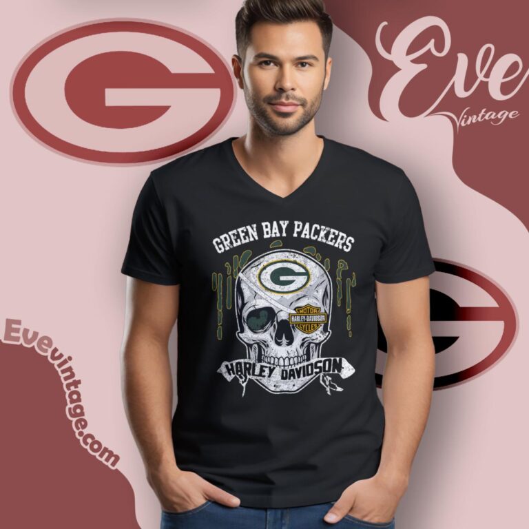 Green Bay Packers Harley Davidson Skull Shirt V Neck TShirt Green Bay Packers Harley Davidson Skull Shirt V Neck TShirt