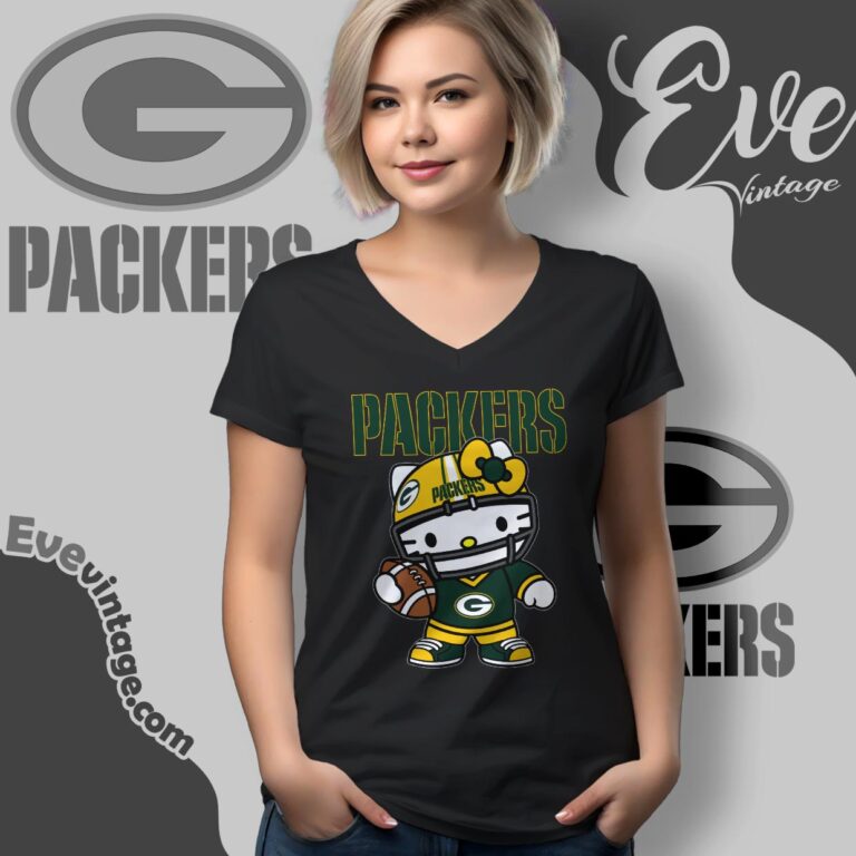 Green Bay Packers Hello Kitty V Neck TShirt Green Bay Packers Hello Kitty V Neck TShirt