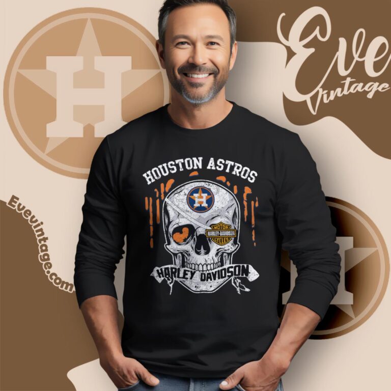 Houston Astros Harley Davidson Skull Shirt Long Sleeve Tee Houston Astros Harley Davidson Skull Shirt Long Sleeve Tee
