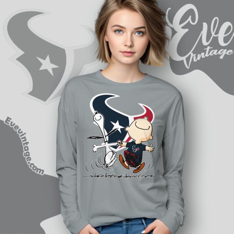 Houston Texans Charlie Brown Snoopy Happy Dancing Shirt Long Sleeve Tee Houston Texans Charlie Brown Snoopy Happy Dancing Shirt Long Sleeve Tee