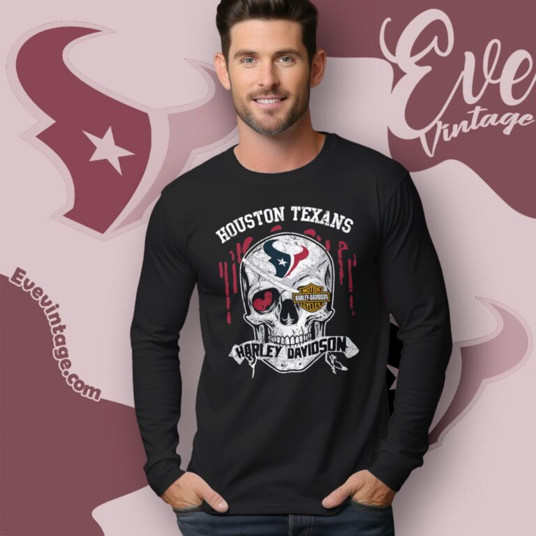 Houston Texans Harley Davidson Skull Shirt Long Sleeve Tee Houston Texans Harley Davidson Skull Shirt Long Sleeve Tee