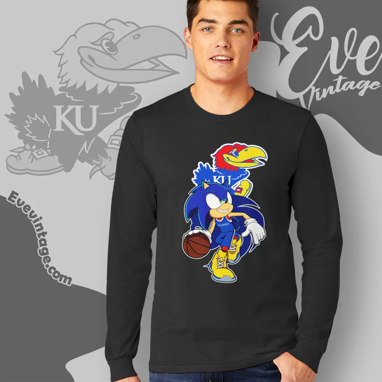 Kansas Jayhawks Sonic The Hedgehog Basketball Long Sleeve Tee Kansas Jayhawks Sonic The Hedgehog Basketball Long Sleeve Tee