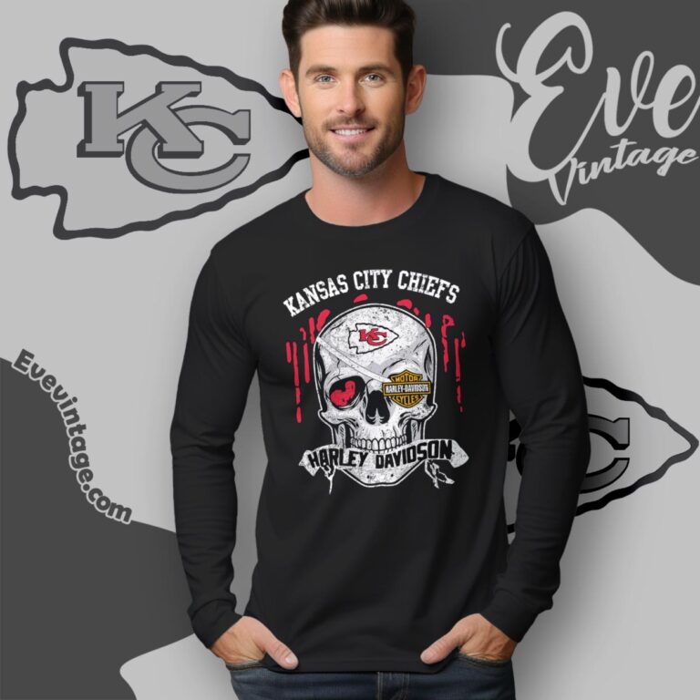 Kansas city Chiefs Harley Davidson Skull Shirt Long Sleeve Tee Kansas city Chiefs Harley Davidson Skull Shirt Long Sleeve Tee