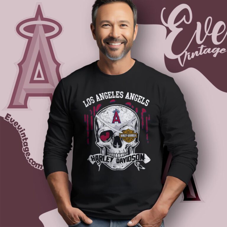 Los Angeles Angels Harley Davidson Skull Shirt Long Sleeve Tee Los Angeles Angels Harley Davidson Skull Shirt Long Sleeve Tee