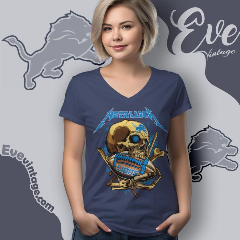 Metallica Detroit Lions Skull Shirt V Neck TShirt Metallica Detroit Lions Skull Shirt V Neck TShirt