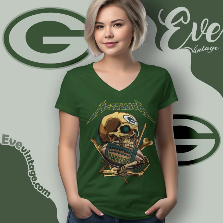 Metallica Green Bay Packers Skull Shirt V Neck TShirt Metallica Green Bay Packers Skull Shirt V Neck TShirt