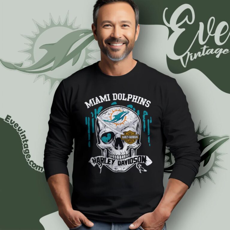 Miami Dolphins Harley Davidson Skull Shirt Long Sleeve Tee Miami Dolphins Harley Davidson Skull Shirt Long Sleeve Tee