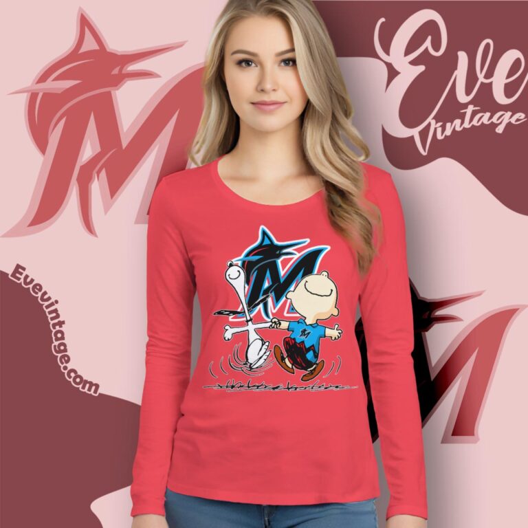 Miami Marlins Charlie Brown Snoopy Happy Dancing Shirt Long Sleeve Tee Miami Marlins Charlie Brown Snoopy Happy Dancing Shirt Long Sleeve Tee